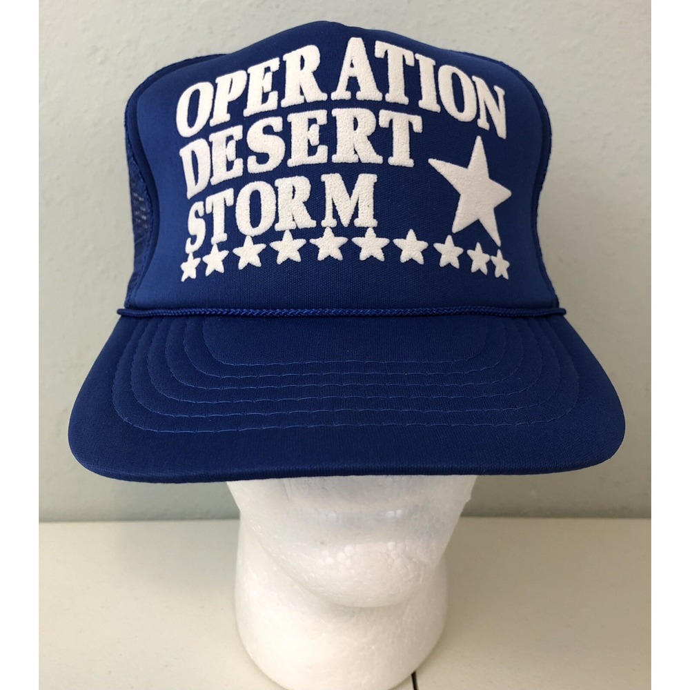 Vintage CHAMP Operation Desert Storm Puff Print Blue Mesh Snapback Hat Z04